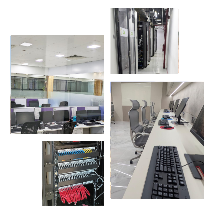 Server room with multiple network racks, secured cabinets, and structured cabling in a well-maintained data center environment